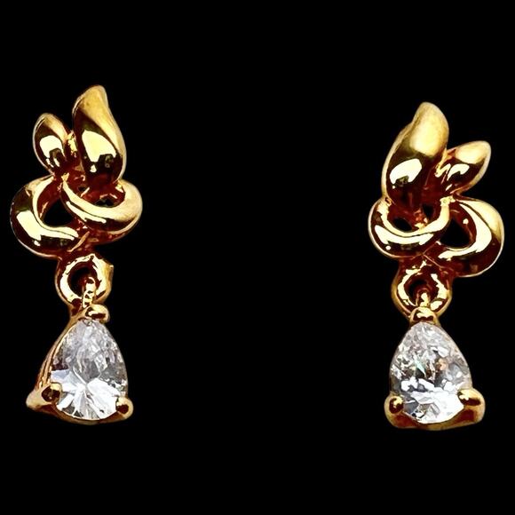 Rhinestone Dangle Earrings Teardrop Bright Clear Sparkle Shiny Gold Tone Post - Picture 1 of 9